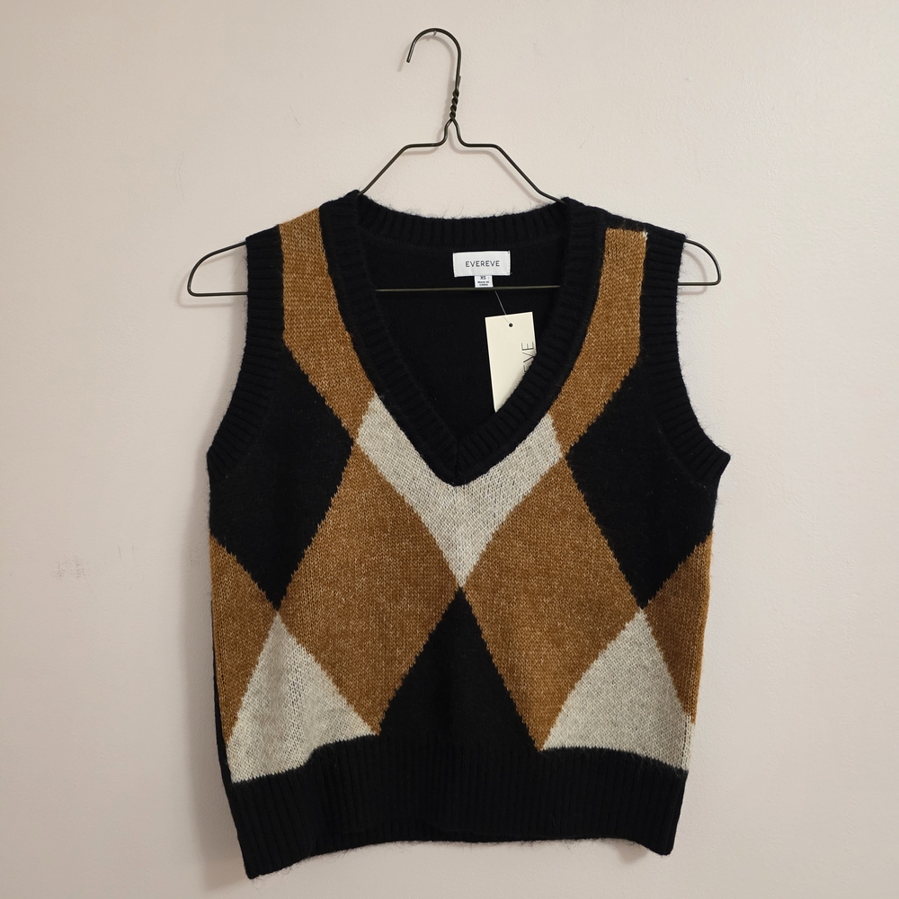 Evereve V-Neck Argyle Sweater Vest - Black, Brown, and Cream